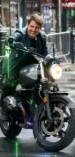 Man riding motorcycle on wet city street.