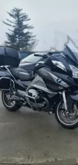 Sleek motorcycle parked in an urban setting.