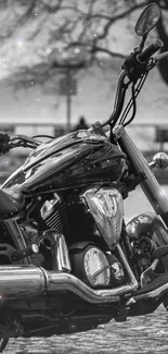 Black and white motorcycle parked in urban setting.