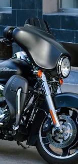 Sleek black motorcycle parked in an urban setting behind a stone wall.