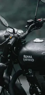 Royal Enfield motorcycle in rain, dark theme.