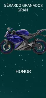 Blue motorcycle with teal background and white text.