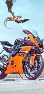 Orange motorcycle with dragon in sky.