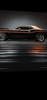 Sleek black muscle car with orange accents on reflective surface.