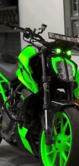 Neon green motorcycle parked in an urban setting.