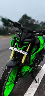 Neon green motorcycle parked on roadside with blurred background