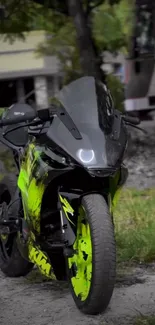 Sleek motorcycle with neon accents on display.