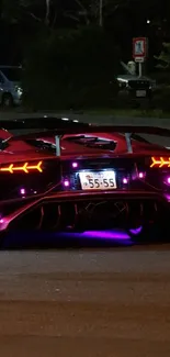 Vibrant neon sports car driving in urban night scene.