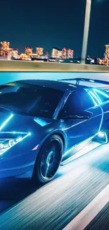 Sleek neon sports car against a cityscape at night.