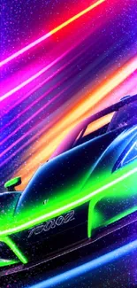 Neon green sports car with vibrant streak lights on a dark background.