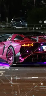 Sleek luxury car with neon lights at night.