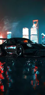 Dynamic sports car in city nightscape wallpaper.