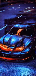 Sleek sports car on wet city road under blue and orange lights.