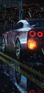 Sports car reflecting city lights on a rainy night street.