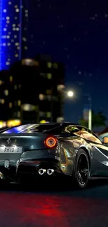 Sleek car in night cityscape with glowing lights.