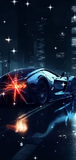 Sleek sports car under city lights at night.