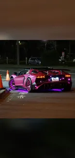 Sleek car with neon lights at night scene.