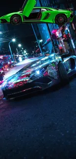 Sleek car on neon city street at night with green accents.