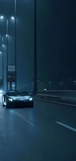 Nighttime drive with sleek car under city lights on a highway.