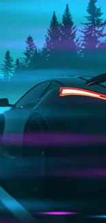 Futuristic car on neon-lit road at night with forest silhouette.