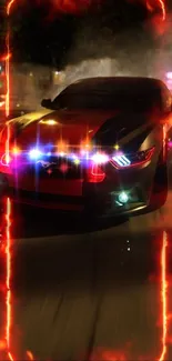 Sleek sports car driving at night with glowing lights.