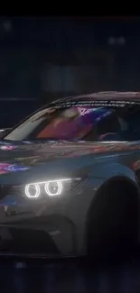 Stylish car racing through rainy city street at night, with vibrant reflections.