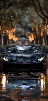 Sleek black supercar on a rainy night road.
