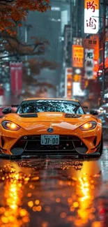 Vibrant orange sports car in city at night.