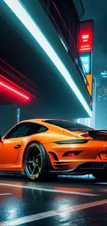 Orange sports car under neon lights in a futuristic cityscape at night.