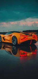 Orange supercar on wet road with a dramatic evening sky.