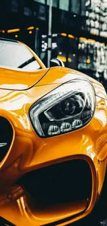 Sleek orange car parked in urban cityscape, modern design.