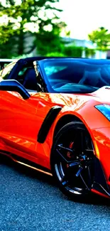 Vibrant orange sports car on a scenic road.