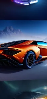 Sleek orange sports car with mountain background.