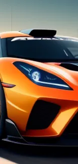 Sleek orange sports car on a racetrack with dynamic design elements.