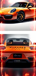 Wallpaper of a sleek orange sports car with dynamic design and high contrast lighting.