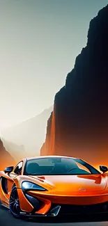 Sleek orange sports car with dramatic mountain backdrop.