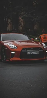 Orange sports car parked on urban street.