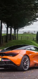 Orange sports car parked in lush green landscape.