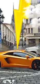 Orange supercar parked in urban setting with dynamic street vibes.