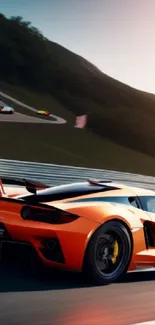 Sleek orange supercar racing on a track with a vibrant sunset backdrop.