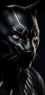 Sleek black panther with metallic design on textured wallpaper.