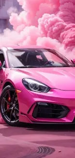 Pink car in swirling smoke, exuding style and speed.