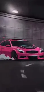 Pink sports car drifting in a tunnel at night.