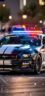 Sleek black police car with vibrant lights at night.