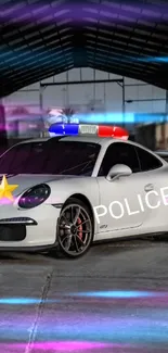 White sports police car with neon lights in a dark garage setting.