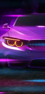 Sleek purple car with glowing lights in vibrant mobile wallpaper.