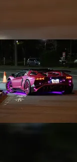 Sleek purple sports car with neon lights at night in urban setting.