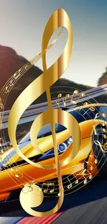 Golden music note over sleek race car on track.