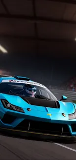 Vibrant blue racecar speeding on track under night lights.