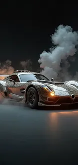 Sleek racing car emerging from smoke in dramatic scene.